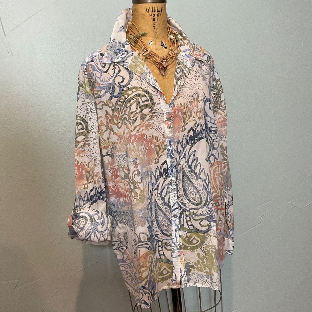 CHICOS, LIGHTWEIGHT COTTON, PRINT  SHIRT  PASTEL SPRING CLRS 3/ 14/16